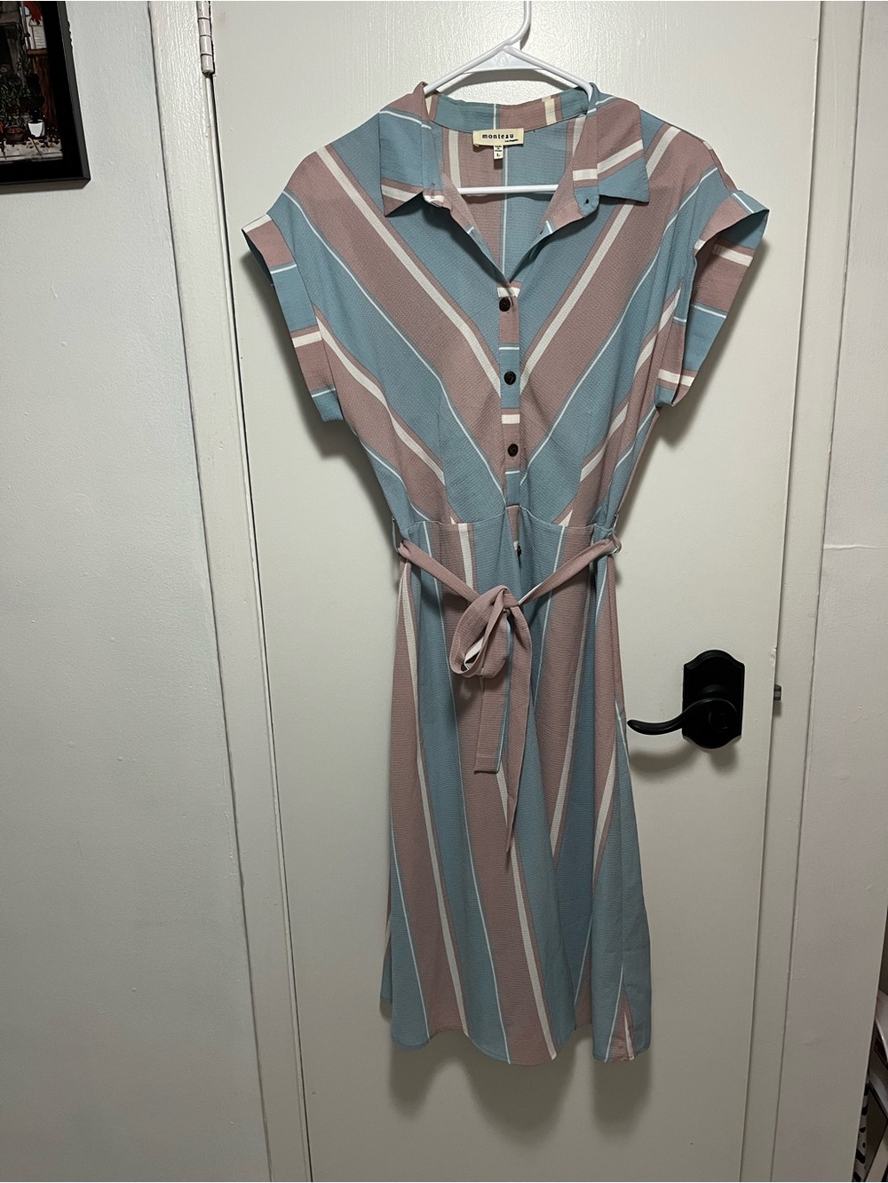 Monteau Blue and Mauve Striped Midi Shirt Dress Summer Vibes Large